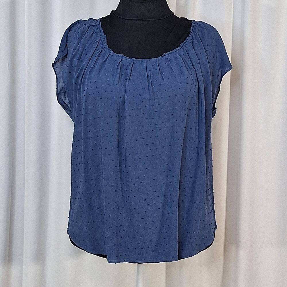 Lauren Conrad XL Blue Swiss Dot Rayon Shell Blouse Tie Back Flutter Sleeve Boho